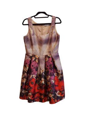 Debbie Shuchat Dress 10 Floral pleated fit Flare colorful gold threads sequins